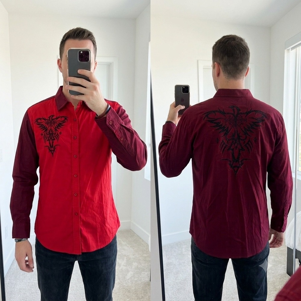 Victorious‎ Men XL Red Burgundy Cyber Y2K Graphic Embroidered Button Up Shirt